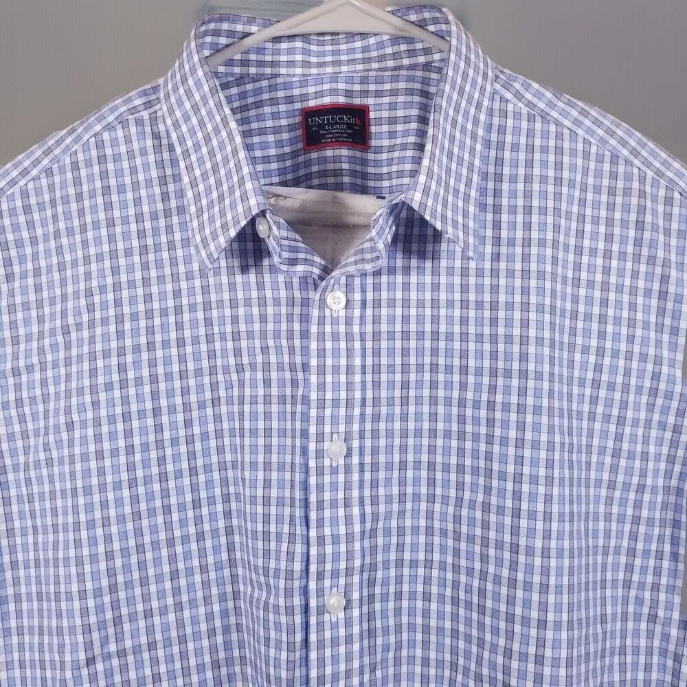 UnTuckIt  Dress Shirt Mens XL Blue Check Plaid Long Sleeve Lightweight Cotton